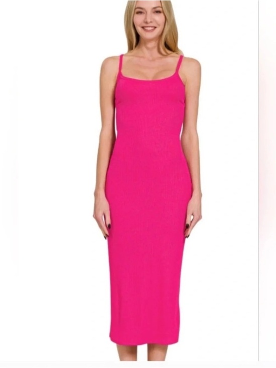 Zenana Outfitters Dresses & Skirts - New Zenana Ribbed Bodycon Midi Long Dress Hot Pink Form Fitting Stretchy